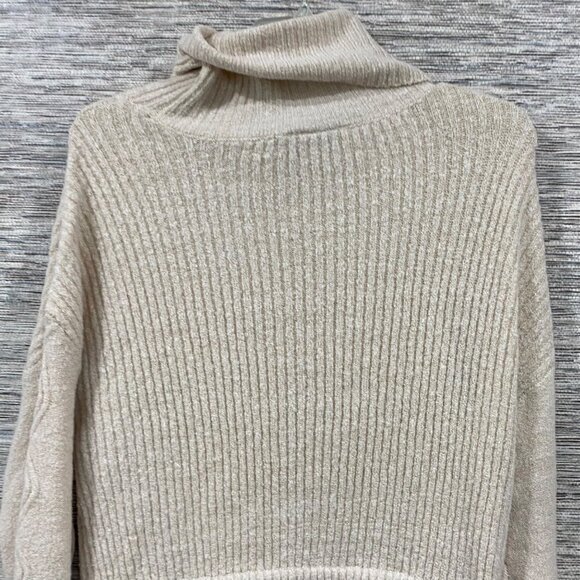 Harlow & Rose Beige Cable Knit Turtleneck Sweater Dress Ribbed Detail Womens M - Picture 4 of 5